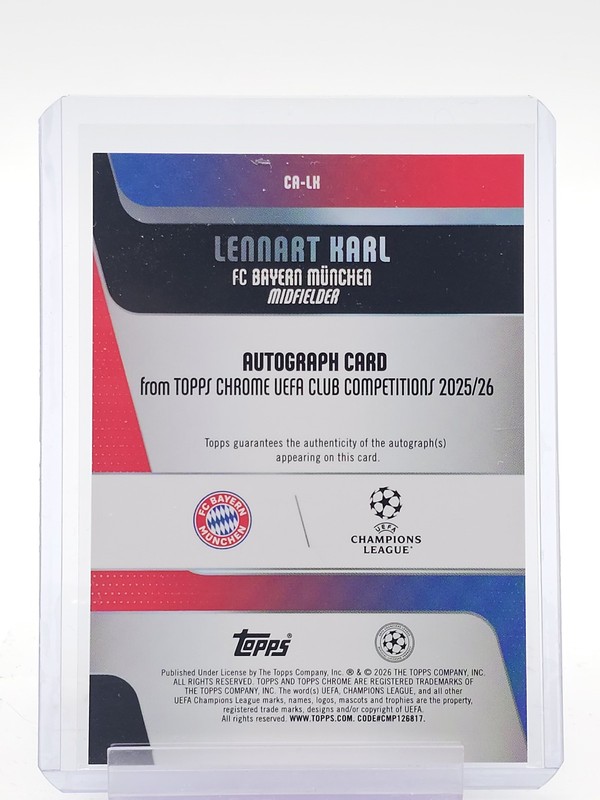 LENNART KARL 2025-26 TOPPS CHROME UEFA ROOKIE AUTO PURPLE /75 #CA-LK Q5332 view 2