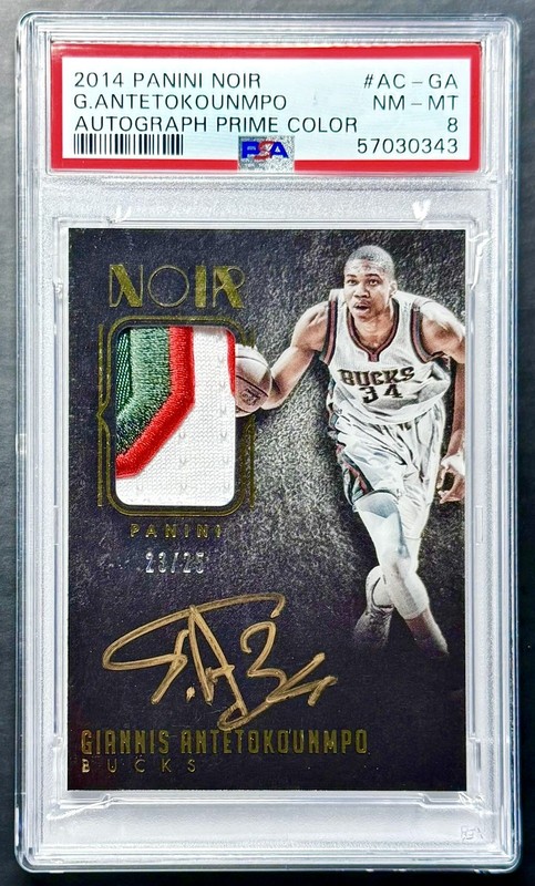 2014-15 Panini Noir GIANNIS ANTETOKOUNMPO #/25 Color GAME-WORN Patch Auto PSA 8