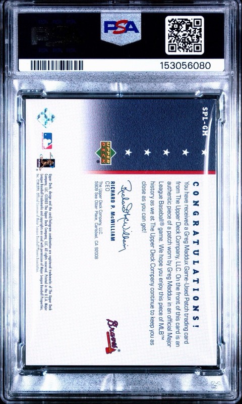 2003 GREG MADDUX UPPER DECK GAME USED SUPER PATCH LOGOS PSA 6 EX-MT RARE view 2