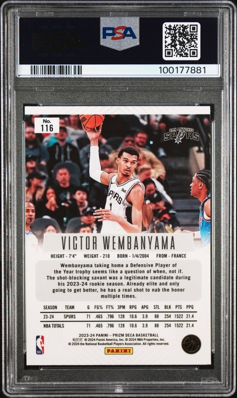 2023 Panini Prizm Deca #116 Victor Wembanyama RC PSA 9 view 2