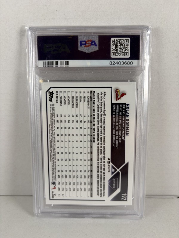 2023 Topps Chrome Nolan Gorman #192 Prism Refractor (RC) PSA 10 Baseball Card view 2