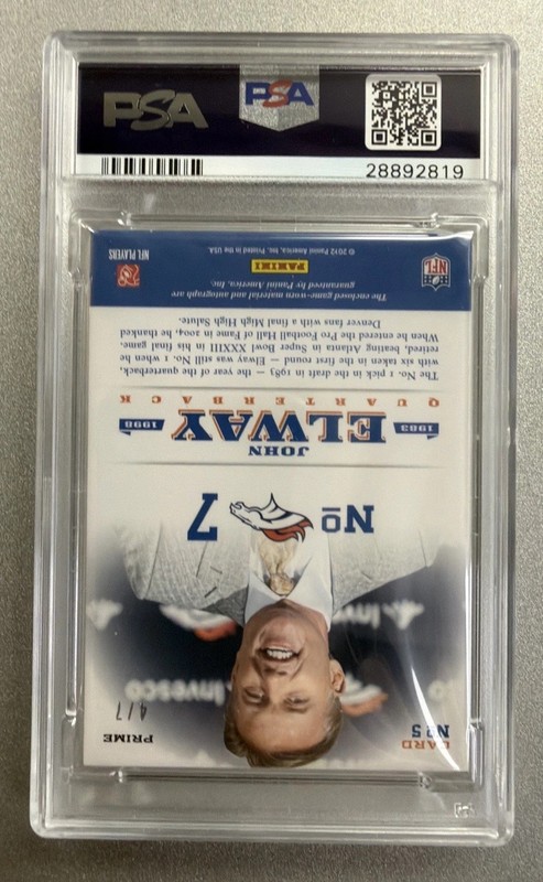 2012 JOHN ELWAY PANINI CERTIFIED GAME WORN PATCH AUTO #/7 PSA 10 GEM MT *POP 1* view 2