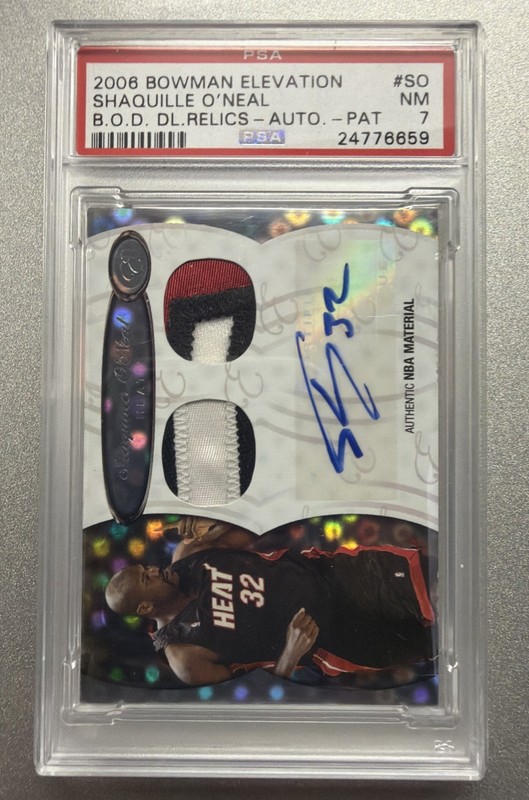 2006 SHAQUILLE O’NEAL BOWMAN ELEVATION PATCH AUTO #/5 PSA 7 *INSANE GAME WORN*