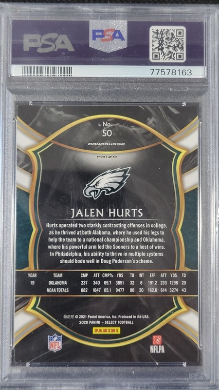 2020 Panini Select Jalen Hurts Concourse Silver Prizm #50 Psa 10 view 2