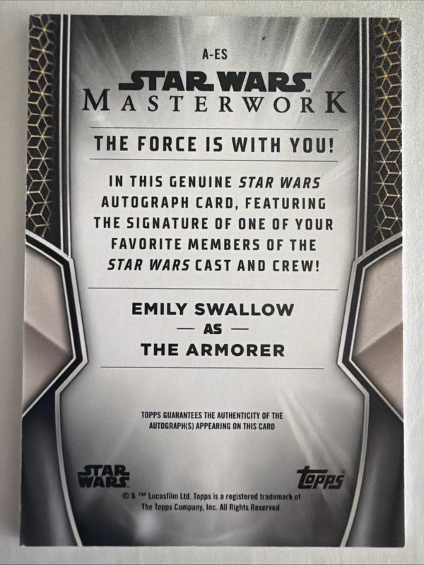 2025 Topps Star Wars Masterwork Emily Swallow as The Armorer On Card Auto #A-ES view 2