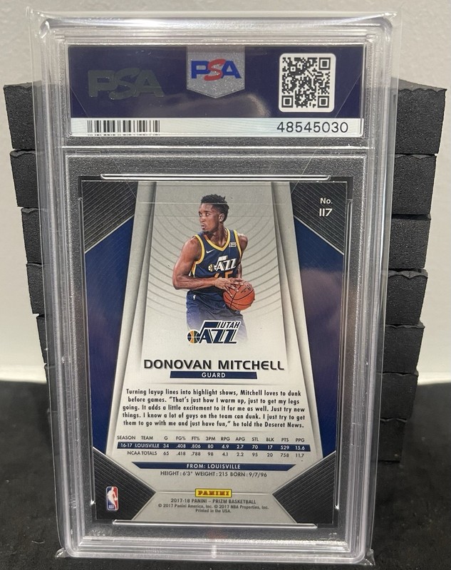 2017-18 Panini Prizm Donovan Mitchell #117 (RC) PSA 10 Gem Mint Utah Jazz view 2