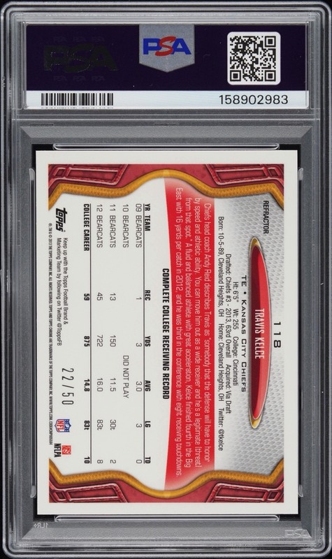 2013 TRAVIS KELCE TOPPS CHROME GOLD REFRACTOR ROOKIE RC #118 #/50 PSA 10 POP 2 view 2