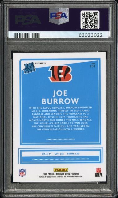 2020 Panini Donruss Optic Rated Rookies Joe Burrow #151 Holo Prizm (RC) PSA 10 view 2