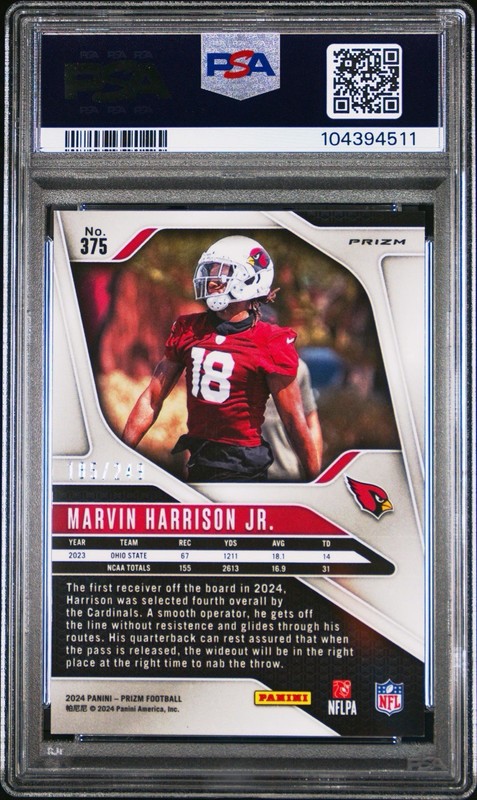 2024 Panini Prizm Marvin Harrison Jr. RC Orange Rookie #/249 Cardinals PSA 8 view 2