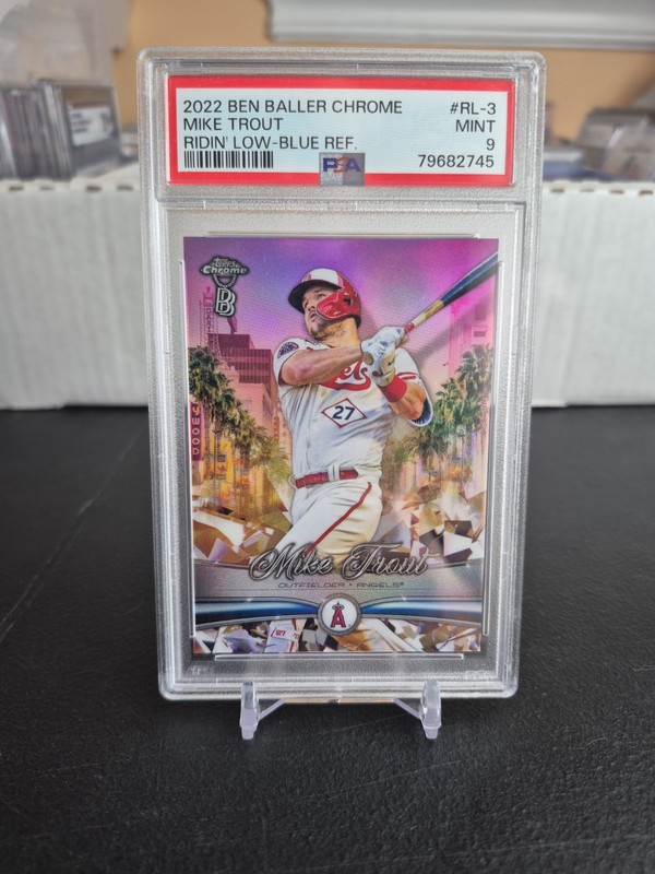 2022 Topps Ben Baller Chrome Mike Trout Ridin' Low BLUE Refractor /75 PSA 9