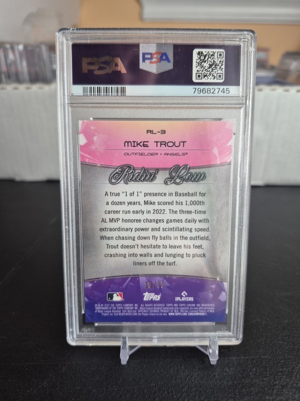 2022 Topps Ben Baller Chrome Mike Trout Ridin' Low BLUE Refractor /75 PSA 9 view 2