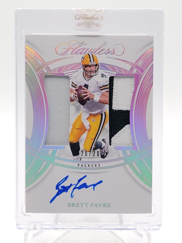 BRETT FAVRE 2025 FLAWLESS DUAL PATCH ON CARD AUTO #DPA-BFE PACKERS 20/20 Q6608