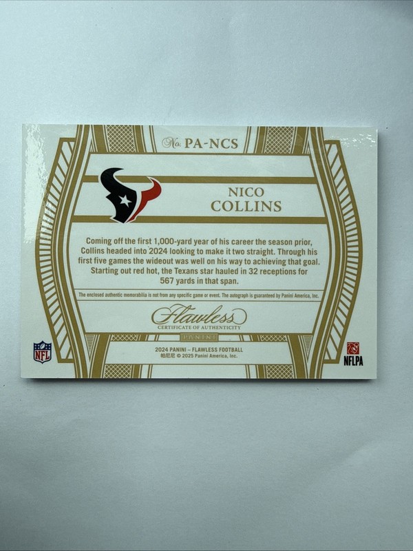 2024 Flawless Nico Collins 3 Color Sick Patch On Card Auto /20 Texans Clean💎🔥 view 2