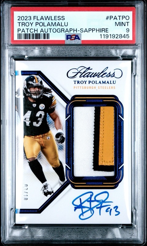 2023 PANINI FLAWLESS PATCH AUTOGRAPHS #PATPO TROY POLAMALU SAPPHIRE #/15 PSA 9