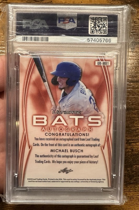 2019 MICHAEL BUSCH Leaf BATS PRPL Auto 1/1 One Of One RC PSA 10 Chicago Cubs RC view 2