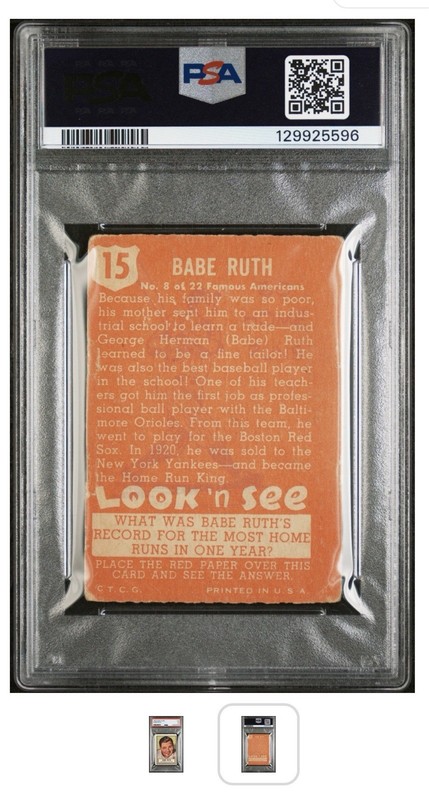1952 Topps Look & See #15 Babe Ruth PSA 1.5 Vintage Yankees HOF Baseball Card view 2