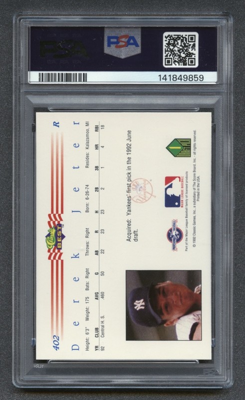 1992 DEREK JETER ROOKIE CLASSIC BEST PSA 10 GEM-MT HOF NEW YORK YANKEES #402 RZC view 2