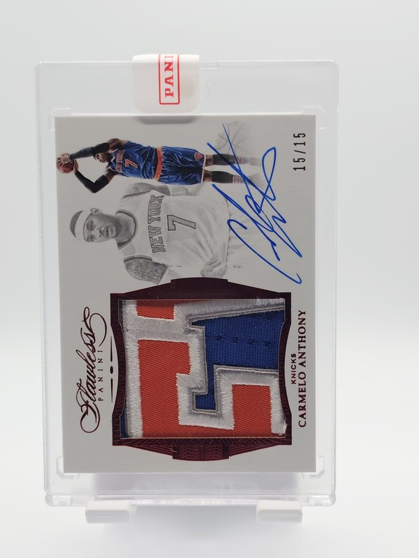 CARMELO ANTHONY 2015-16 FLAWLESS AUTO WORN PATCH RUBY /15 NEW YORK KNICKS Q1526