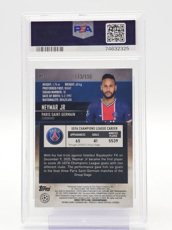 NEYMAR JR 2020-21 STADIUM CLUB CHROME UCL AQUA GREEN ELECTRIC /150 PSA 10 Q5944 view 2