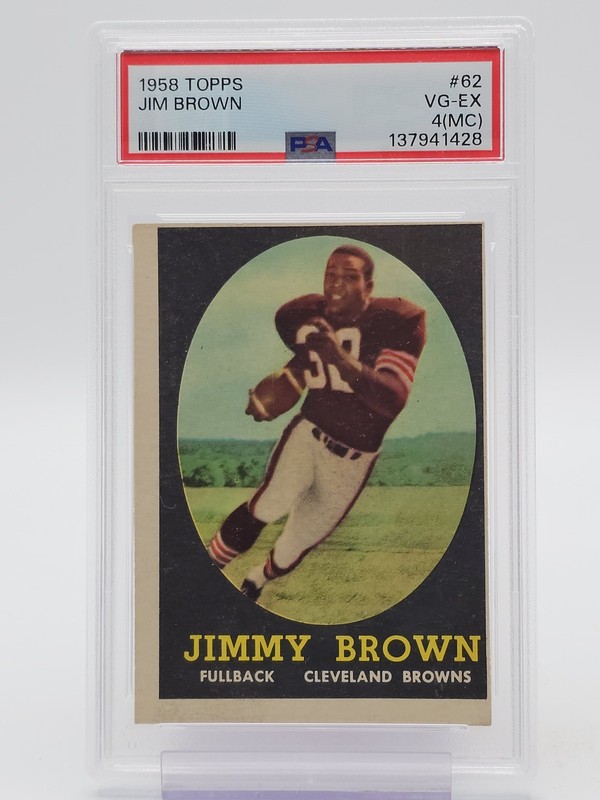 JIM BROWN 1958 TOPPS FOOTBALL ROOKIE #62 CLEVELAND BROWNS PSA 4 MC Q6098