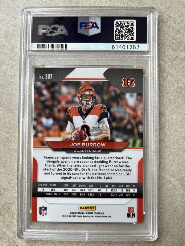 Panini 2020 Prizm Joe Burrow Cincinnati Bengals #307 Rookie Base PSA 9 view 2