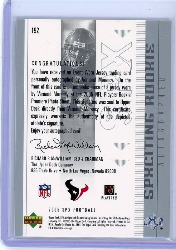2005 UD SPX Vernand Morency RPA Rookie Patch Auto /1275 Houston Texans T1 view 2