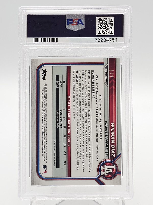 WILMAN DIAZ 2022 BOWMAN CHROME DRAFT SUPERFRACTOR 1/1 GEM MINT PSA 10 Q7267 view 2