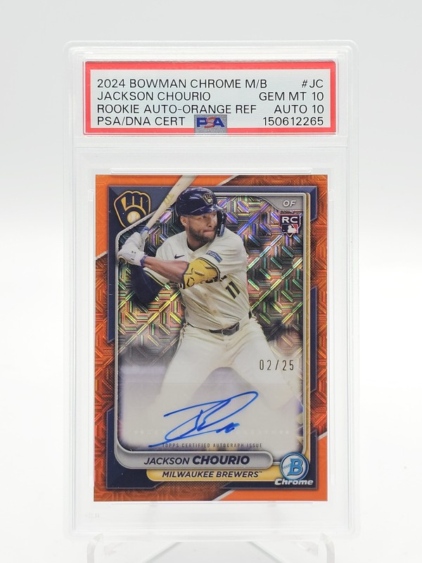 JACKSON CHOURIO 2024 BOWMAN CHROME ROOKIE AUTO ORANGE MEGA MOJO /25 PSA 10 Q0338