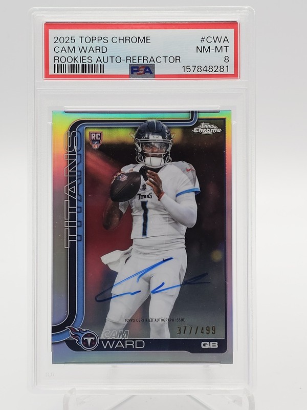 CAM WARD 2025 TOPPS CHROME ROOKIE AUTO REFRACTOR /499 #CWA TITANS PSA 8 Q7246
