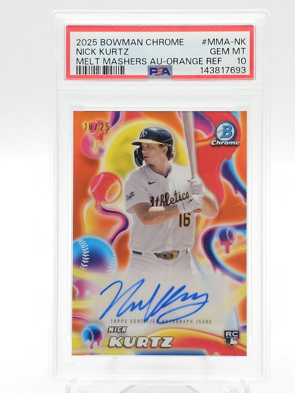 NICK KURTZ 2025 BOWMAN CHROME MELT MASHERS ORANGE REF RC AUTO /25 PSA 10 Q1725