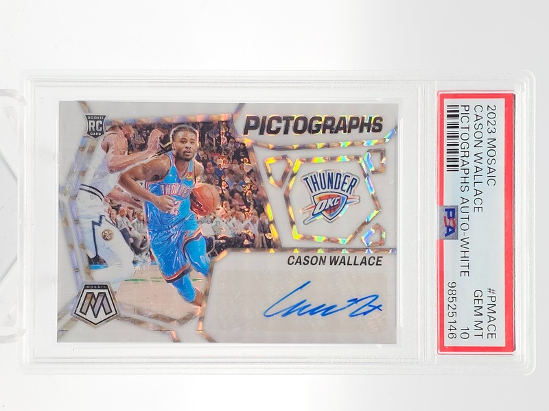 CASON WALLACE 2023-24 MOSAIC PICTOGRAPHS WHITE PRIZM ROOKIE AUTO PSA 10 Q7136