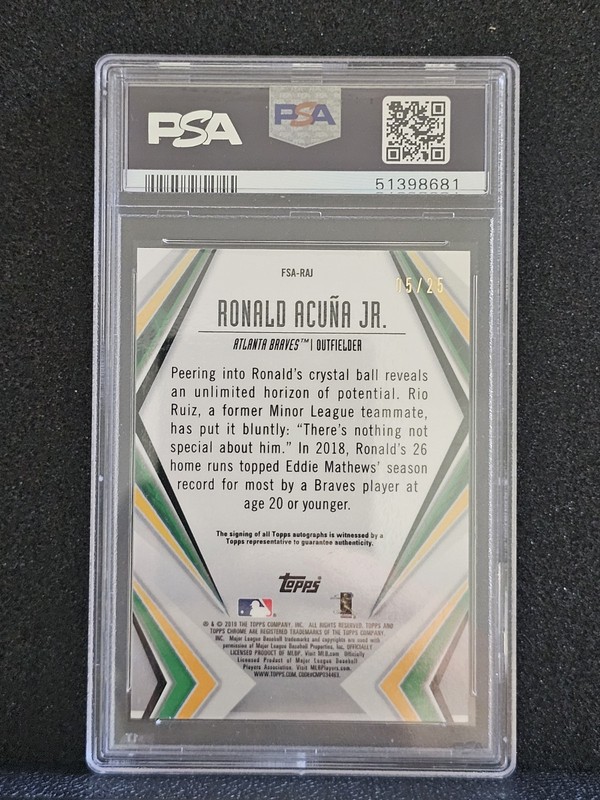 Ronald Acuna Jr Auto Future Stars Orange /25 2019 Topps Chrome PSA 9 Auto 9 view 2