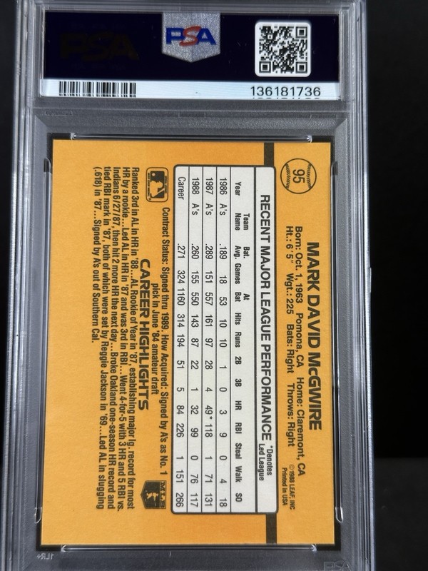 1989 Donruss Mark McGwire Auto #95 PSA8/7 Auto Just Graded Oakland A’s POP 2 view 2