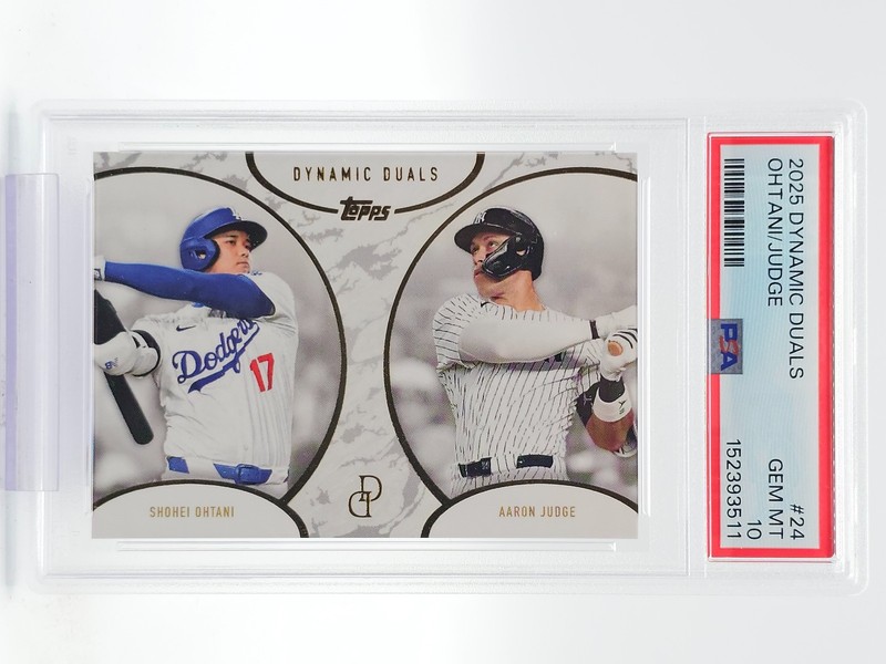 SHOHEI OHTANI / AARON JUDGE 2025 TOPPS DYNAMIC DUALS #24 PSA 10 GEM Q6438 view 1