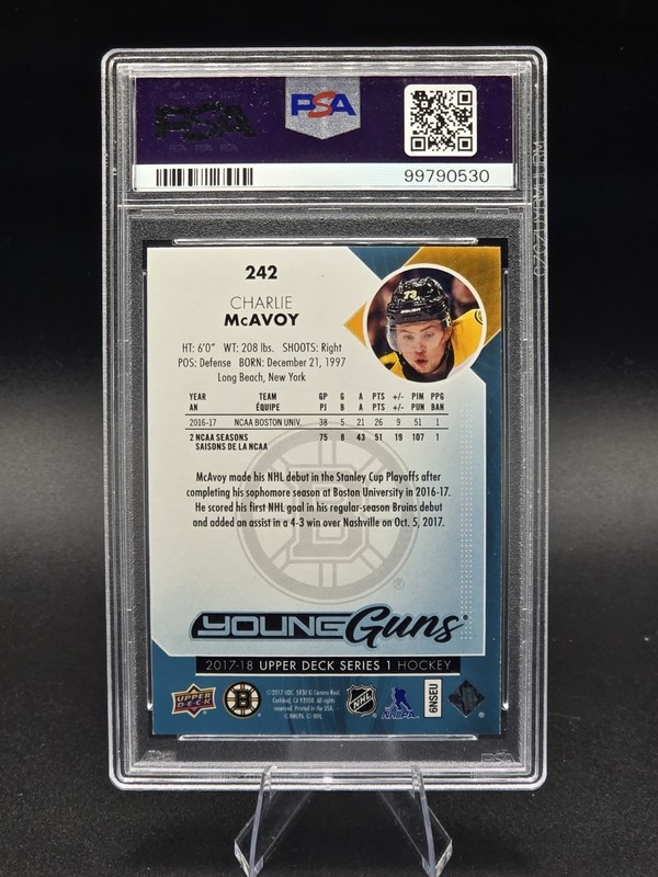 2017-18 Upper Deck Young Guns Charlie McAvoy #242 Boston Bruins PSA 9 view 2