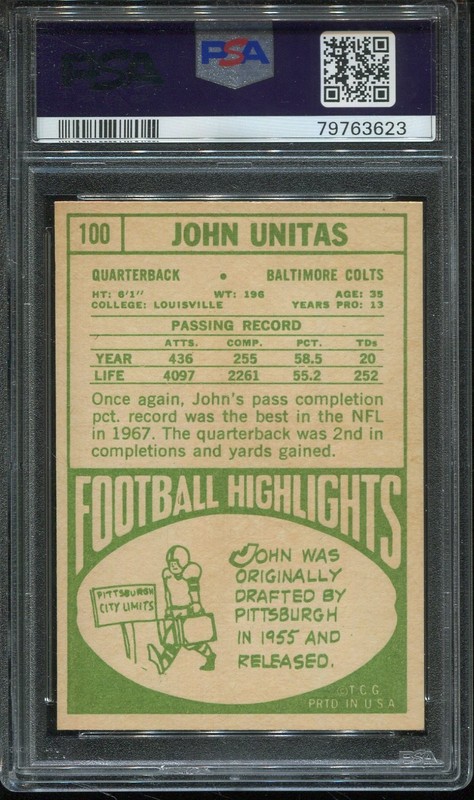 1968 Topps Football #100 Johnny Unitas psa 7 Nm HOF view 2