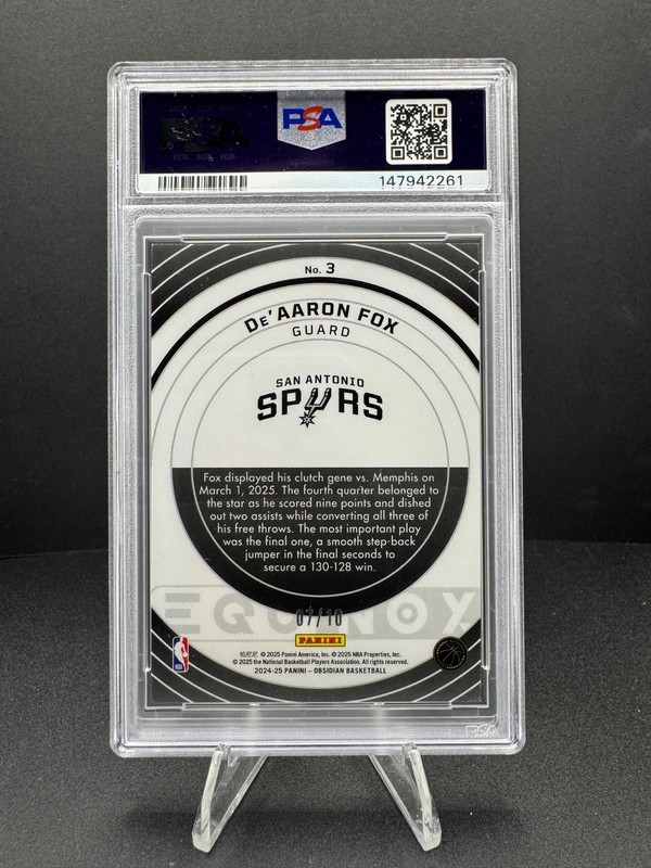2024-25 Obsidian De’Aaron Fox Equinox Electric Etch Molten /10 PSA 8 Spurs SSP view 2