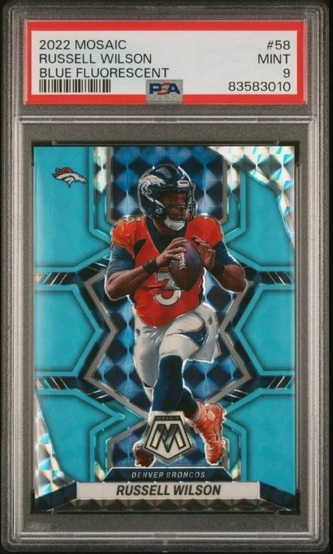 2023 Panini Mosaic Russell Wilson #58 Blue Fluorescent Prizm /15 PSA 9 Mint SSP