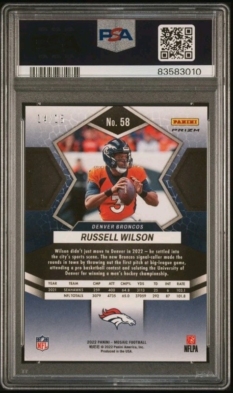 2023 Panini Mosaic Russell Wilson #58 Blue Fluorescent Prizm /15 PSA 9 Mint SSP view 2