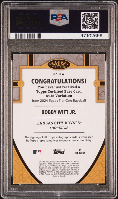 Bobby Witt Jr 2024 Topps Tier One Auto #7/25 Triple 7’s Jersey Color Match PSA 9 view 2