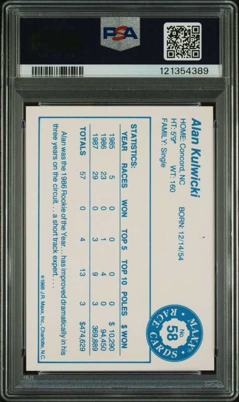 1988 Maxx Charlotte Alan Kulwicki NASCAR Rookie Card #58 Graded PSA 9 view 2