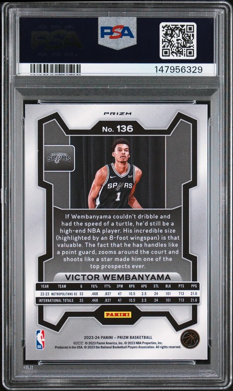 PSA 9 2023 Panini Prizm Victor Wembanyama Red White Blue Rookie RC #136 view 2