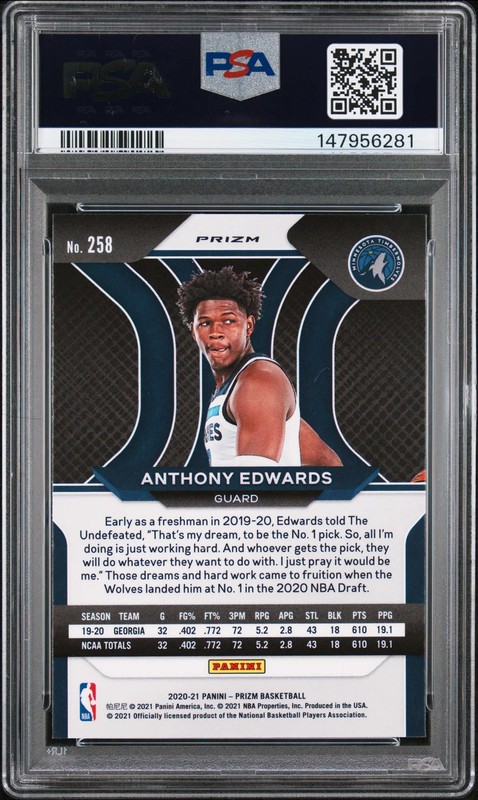 PSA 9 2020 Panini Prizm Anthony Edwards Silver Rookie RC #258 view 2