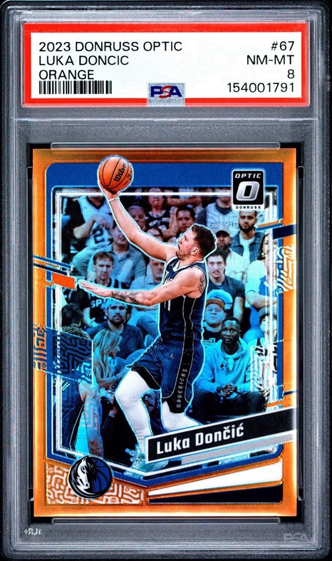Luka Doncic 2023-24 Panini Donruss Optic Orange Prizm /199 #67 PSA 8