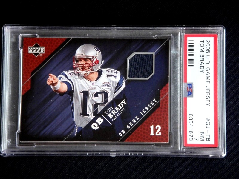 TOM BRADY 2005 UPPER DECK UD GAME WORN USED JERSEY PATCH PSA 7 NE PATRIOTS GOAT.