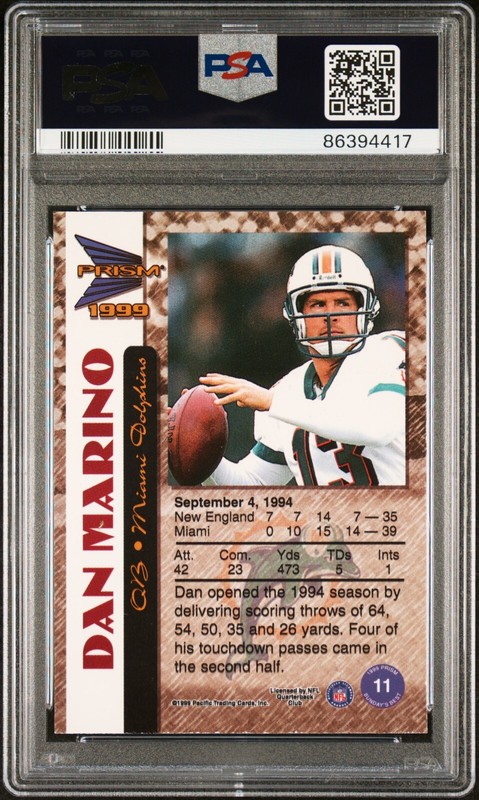 PSA 8 1999 Pacific Prisms Sunday's Best #11 Dan Marino Miami Dolphins Pop1 view 2
