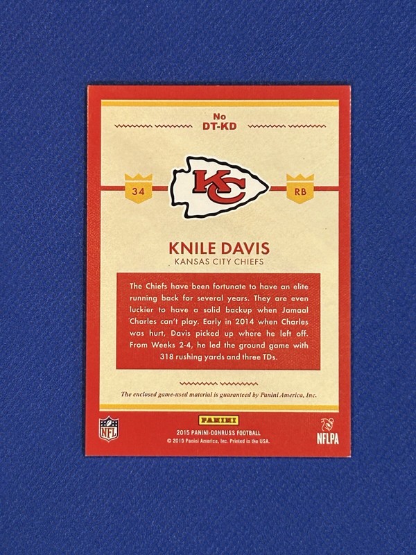 2015 Panini Donruss Threads Knile Davis #DT-KD Game Used Jersey Card Relic view 2