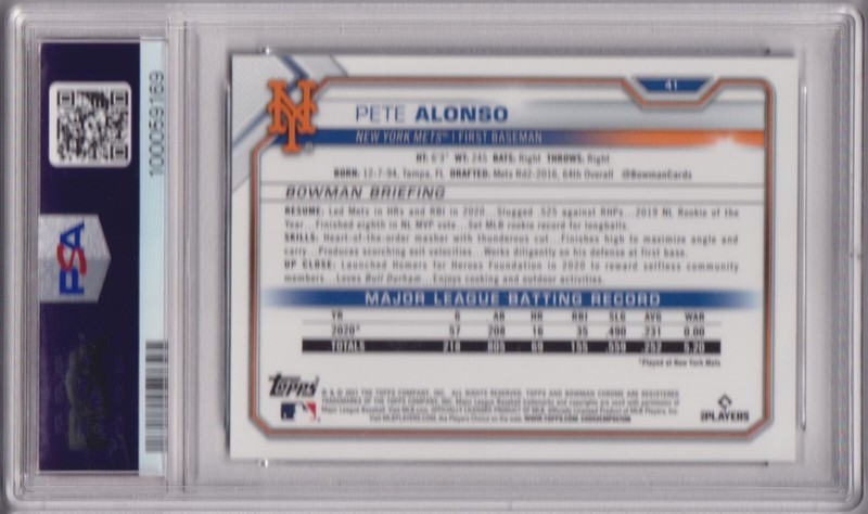 2021 Bowman Chrome #41 PETE ALONSO PSA 10 GEM MT Gold Refractor /50 RoY AS view 2