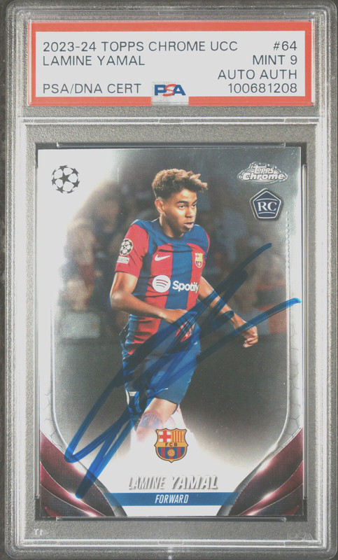 2023-24 Topps Chrome UEFA CC #64 Lamine Yamal Rookie RC PSA MINT 9 Auto Auth view 2