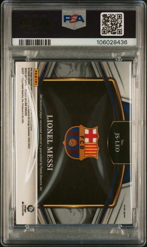 2022-23 Panini Select La Liga #JSLEO Lionel Messi Patch PSA Authentic Auto 10 view 2